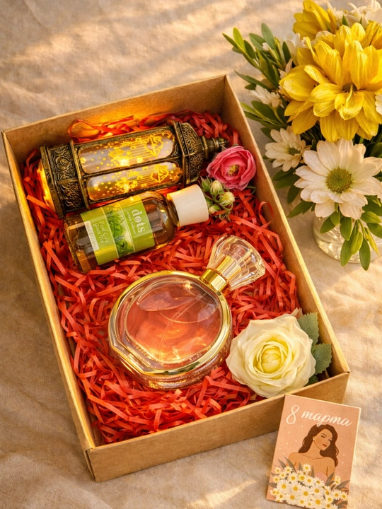 Ayollar uchun sovg'a to'plami: Atir + Aromadiffuzor + Dekorativ chiroq — tayyor giftbox