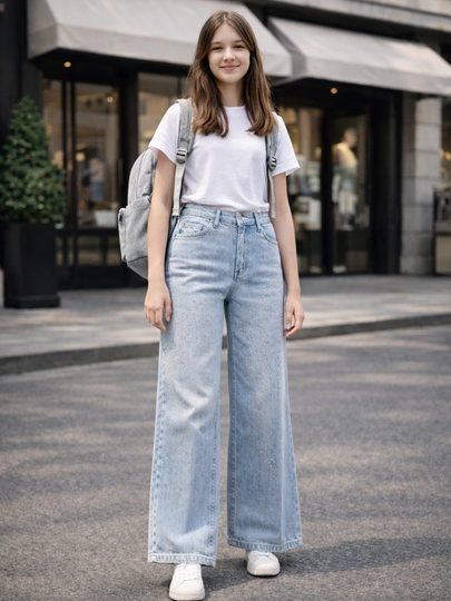 Широкие джинсы для девочек (7–14 лет) – Trend Wide Leg, для школы и повседневной носки — XBMOOD-XOLIDAJENSISHIM-НГОЛУБ-122128