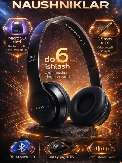 Беспроводные наушники P47, Bluetooth 5.0, складные, с микрофоном, без шума - 
