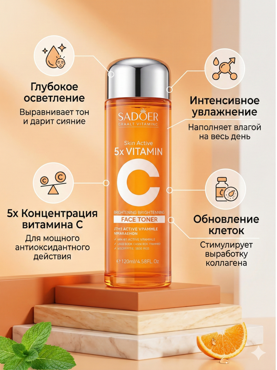 SADOER Vitamin C yuz parvarishi uchun sovg‘abop kosmetika to‘plami, 6 ta mahsulot