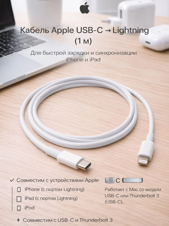 USB-C to Lightning kabel 1m, iPhone uchun tezkor zaryadlash kabeli