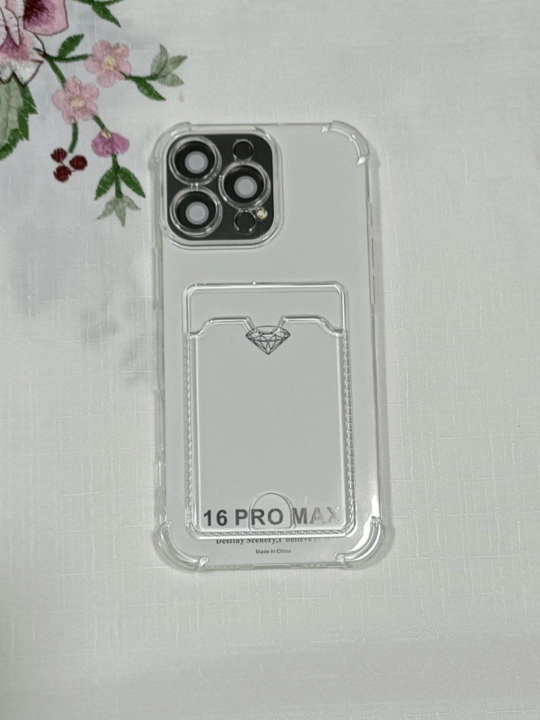 IPhone 17 16 15 11 Pro uchun shaffof silikon g‘ilof zarbaga chidamli karta joyli