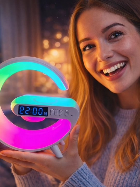 Умная RGB LED лампа 3-в-1 – Bluetooth колонка, беспроводная зарядка, настольная лампа