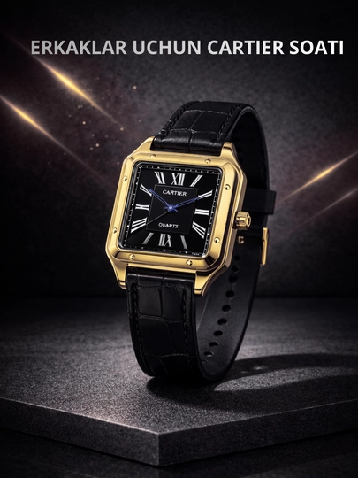 Мужские часы, наручные часы Cartier, ремешок из экокожи — MYWACHU-CARTIER-ЗОЛОТ