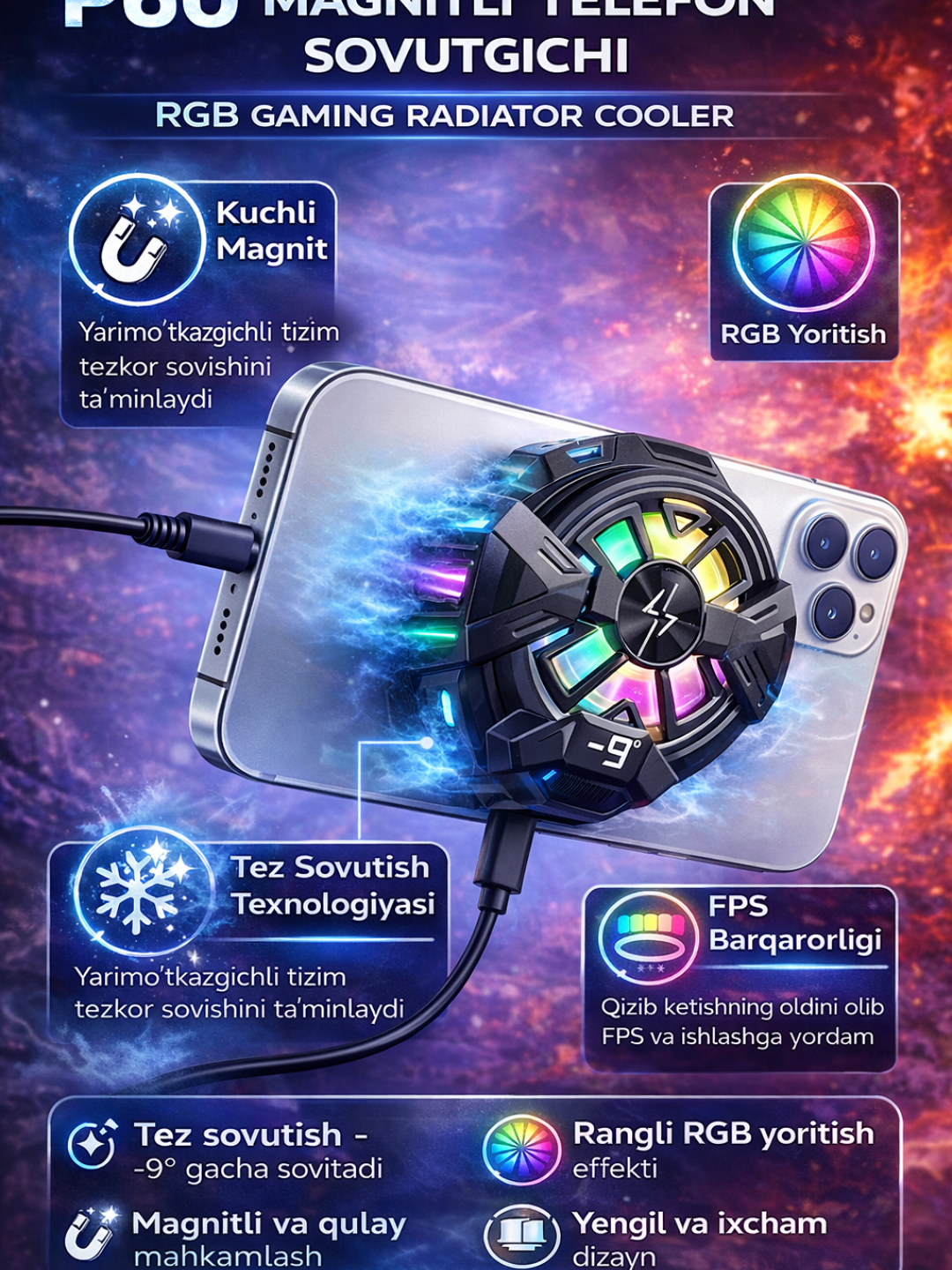 P60 Magnitli Telefon Sovutgichi – RGB Gaming Radiator Cooler