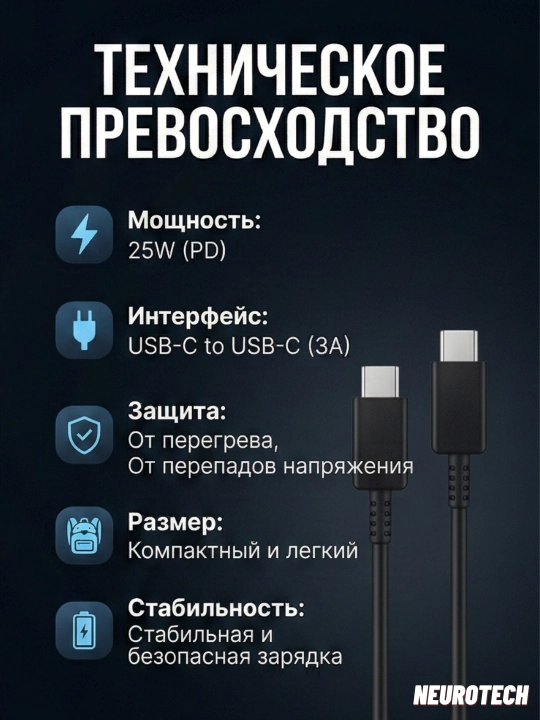 25W PD Адаптер USB-C 3A — Быстрая зарядка USB-C to USB-C