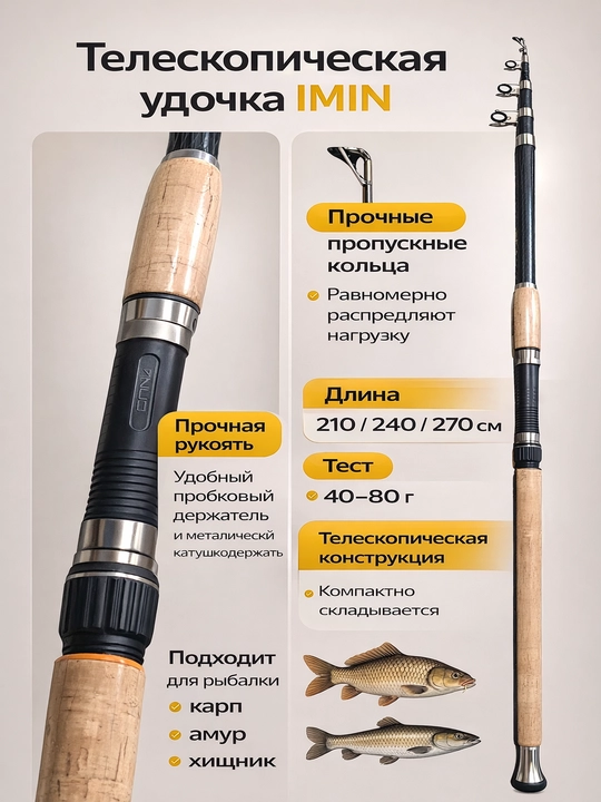 Teleskopik qarmoq IMIN 210-450 sm, test, 40-80 g, yig‘iladigan ixcham