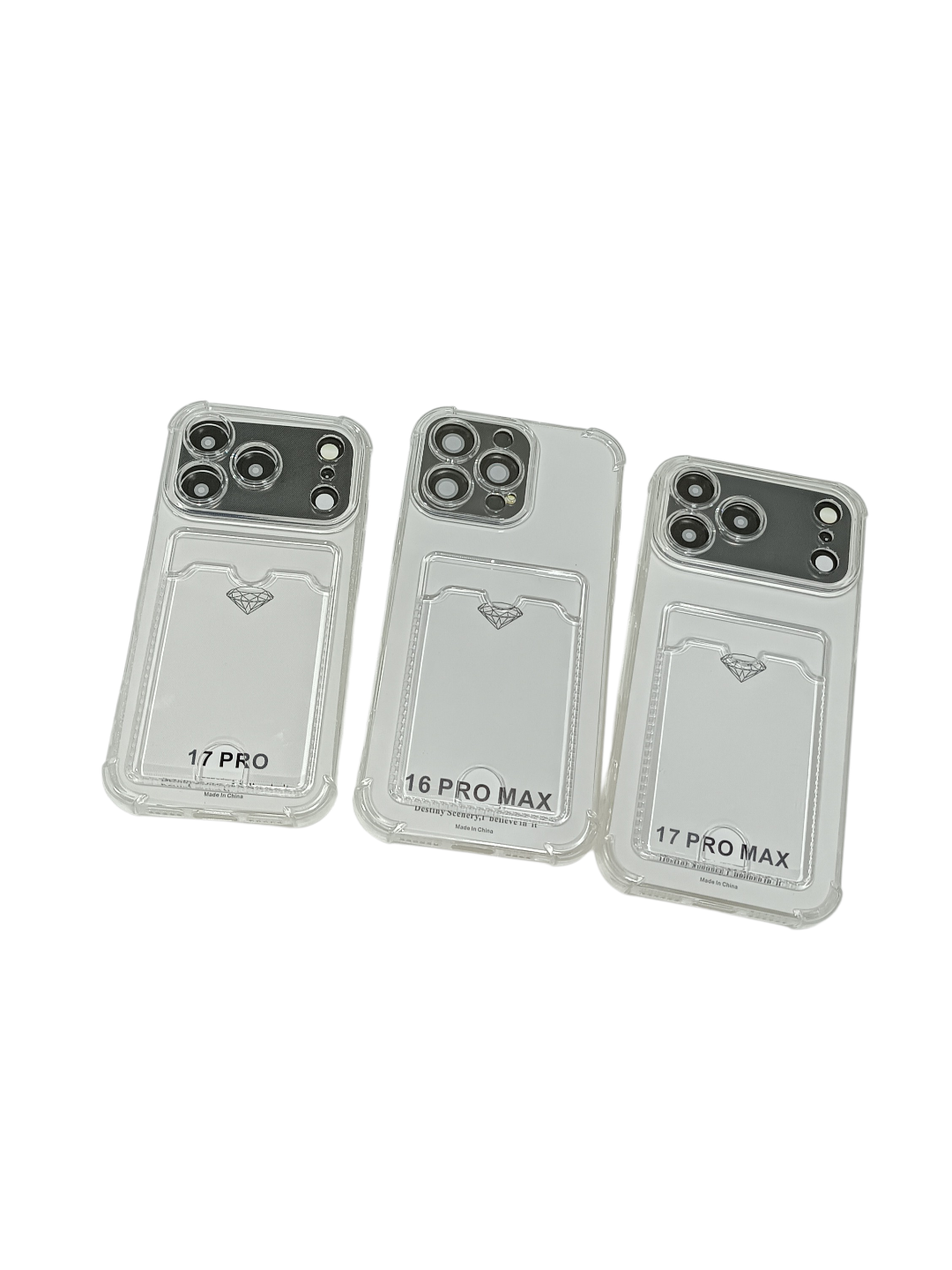 IPhone 17 16 15 11 Pro uchun shaffof silikon g‘ilof zarbaga chidamli karta joyli