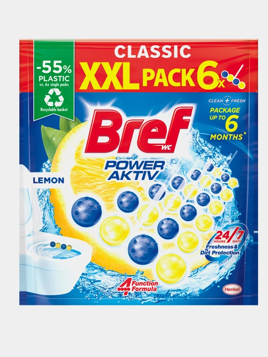 Bref Power Active Лимонная свежесть, туалетный блок, чистящее средство для туалета, 6x50 г
