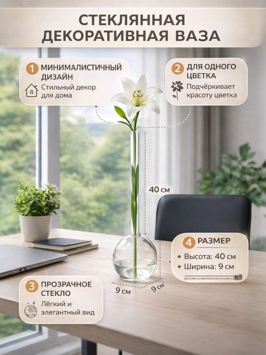 Interyer uchun shisha dekorativ gul vazasi - 