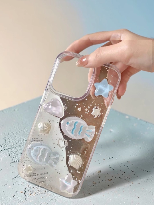 Чехол для iPhone прозрачный с 3D морскими декорами (рыбка, ракушки, блёстки) - 
