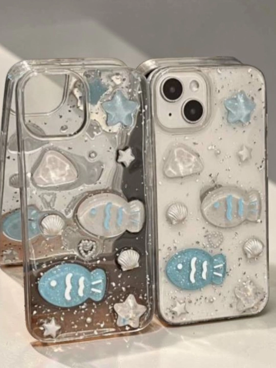 Чехол для iPhone прозрачный с 3D морскими декорами (рыбка, ракушки, блёстки)