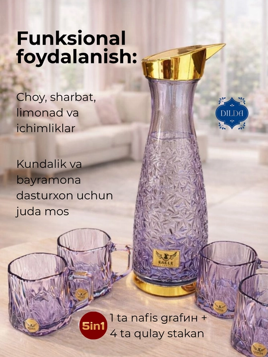 To‘plam Grafin va stakan, 5 dona va 3 dona, shisha, silikon qopqoqli sovg'a uchun to'plam