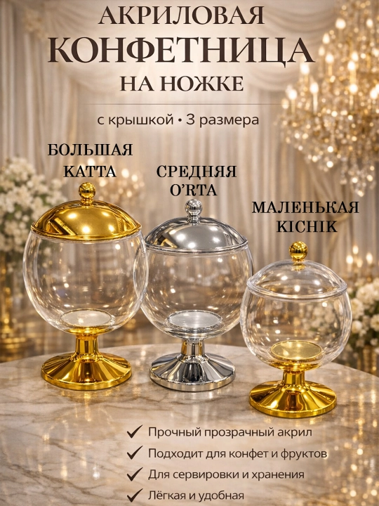 Конфетница акрил на ножке с крышкой — ваза шар для конфет, сладостей и сервировки стола - 
