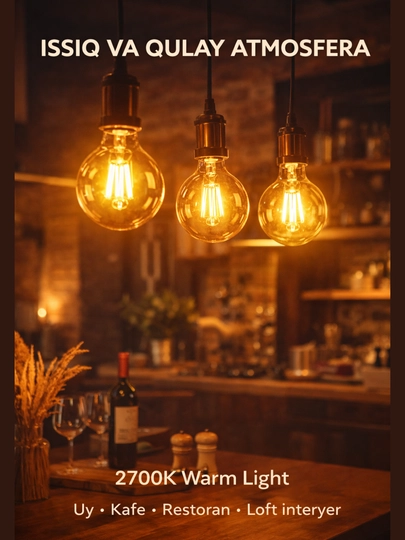 LED, lampa, filament, patron E27 G95 6W 2700K issiq yorug‘lik, TESS dekorativ shar