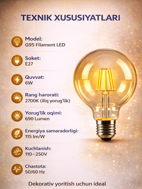 LED, lampa, filament, patron E27 G95 6W 2700K issiq yorug‘lik, TESS dekorativ shar