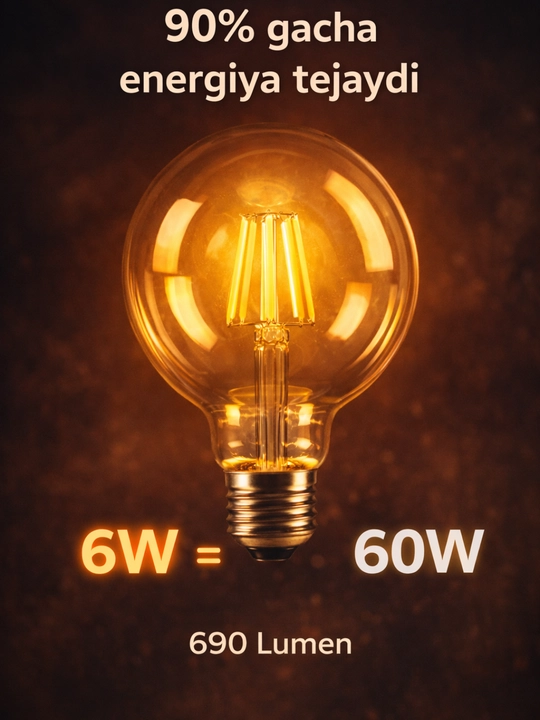 LED, lampa, filament, patron E27 G95 6W 2700K issiq yorug‘lik, TESS dekorativ shar