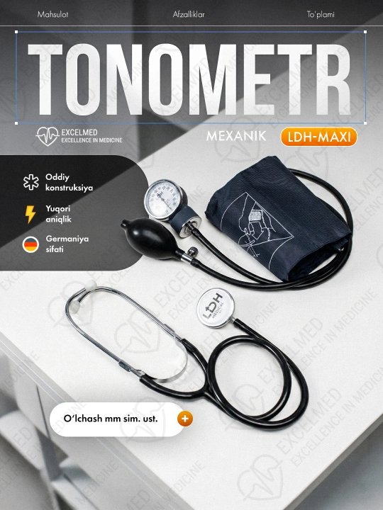 Mexanik tonometr LDH-Maxi, bosim va ritmni o'lchash uchun fonendoskop bilan
