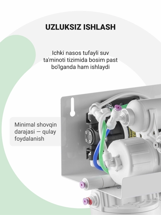 Teskari osmos tizimi Geyser Prestige-P dvigatelli, kuniga 200 l, 12 l rezervuar, kran