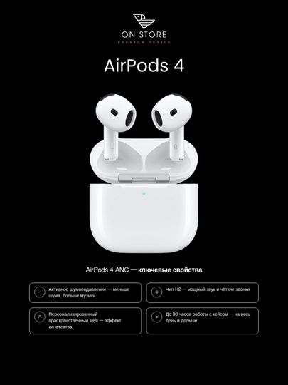 Беспроводные наушники Apple AirPods 4 с ANC, Bluetooth, USB-C - 