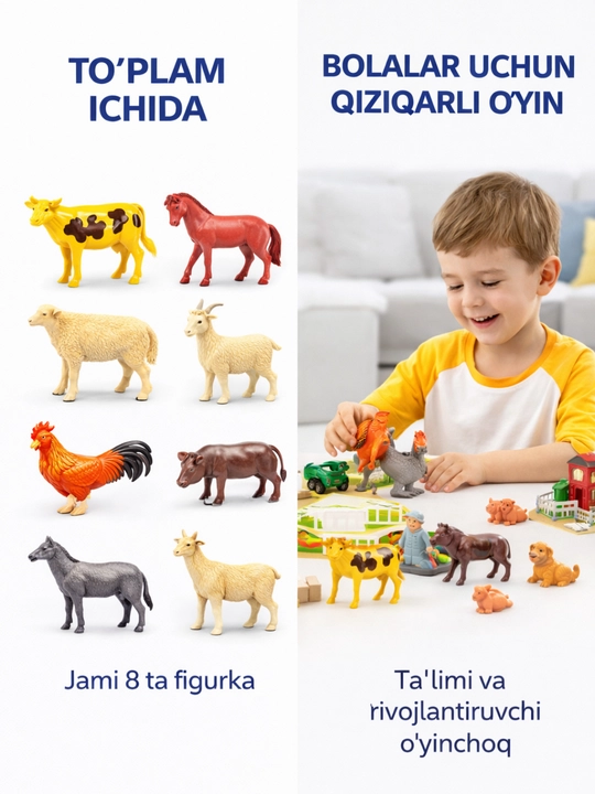 Ferma hayvonlari o‘yinchoq to‘plami – bolalar uchun figurkalar sigir, ot, qo‘y, 3+ - 
