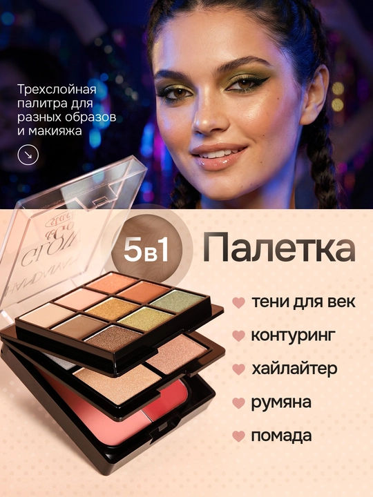 Палетка для макияжа 5 в 1 – румяна, контуринг, консилер, тени и помада 15 оттенков - 