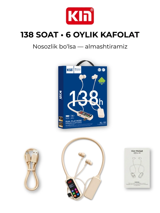 Bo'yinli simsiz quloqchin KIN KL101 ENC mikrofon TF karta 1100 mAh batareya
