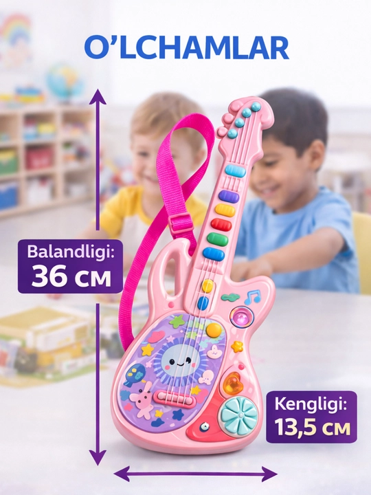 Elektron bolalar gitara o‘yinchog‘i – musiqali tugmalar, yelkaga osiladigan strap bilan