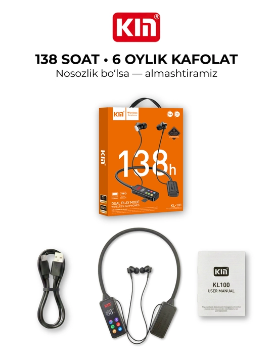 Bo'yinli simsiz quloqchin KIN KL101 ENC mikrofon TF karta 1100 mAh batareya