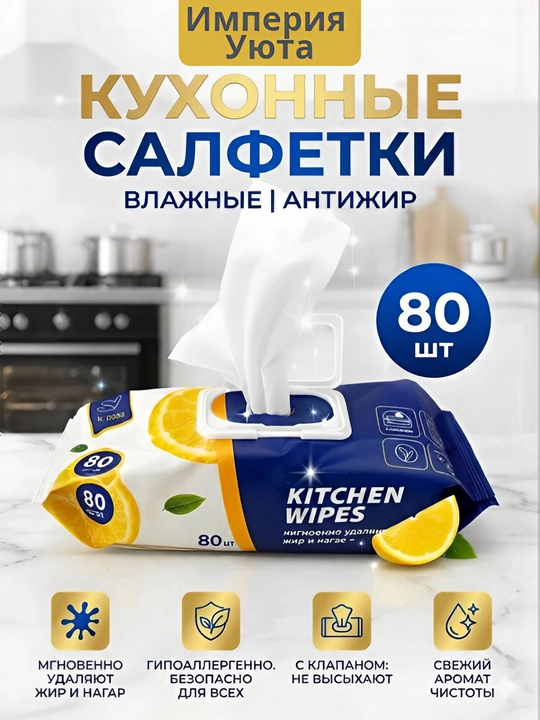 Антижир салфетки для кухни, универсальные влажные салфетки для уборки от жира 40-80 шт - 