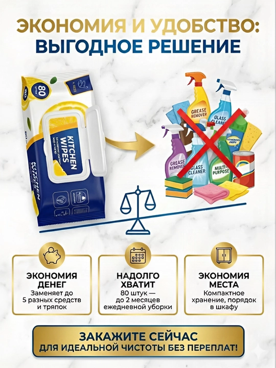 Антижир салфетки для кухни, универсальные влажные салфетки для уборки от жира 40-80 шт