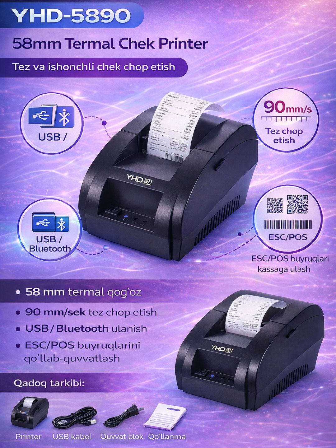 YHD-5890 58mm Termal Chek Printer, POS Printer, USB/Bluetooth, 90mm/s - 