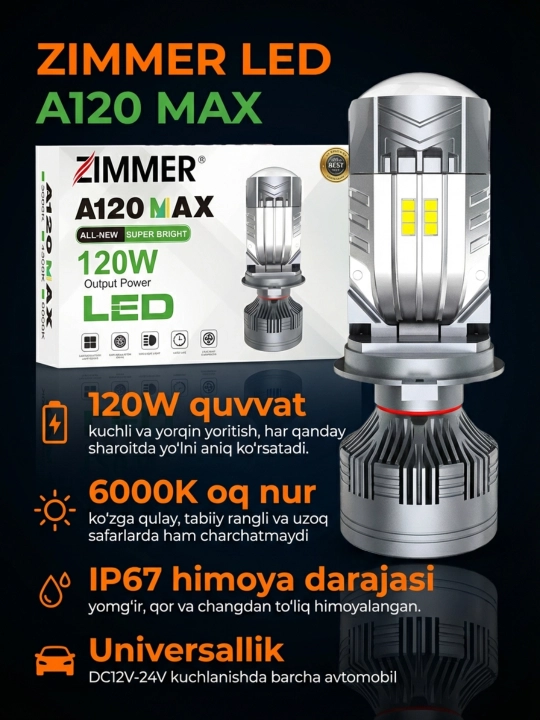 Zimmer a120 120w LED linzalar avtomobillar uchun H4 ORG 6000K, 75-120W