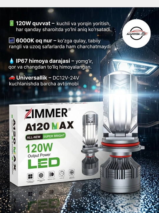 Zimmer a120 120w LED linzalar avtomobillar uchun H4 ORG 6000K, 75-120W - 
