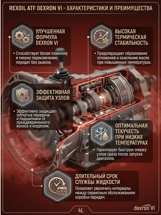 Трансмиссионное масло REXOIL ATF DEXRON VI для АКПП, 4 л