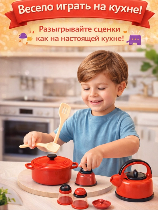 Набор детской кухни – 8 предметов с  посудой и аксессуарами