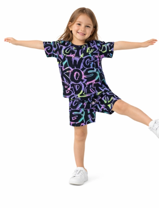 Комплект для девочек WEERIT Violet Print футболка и шорты 100% хлопок размеры 98-122
