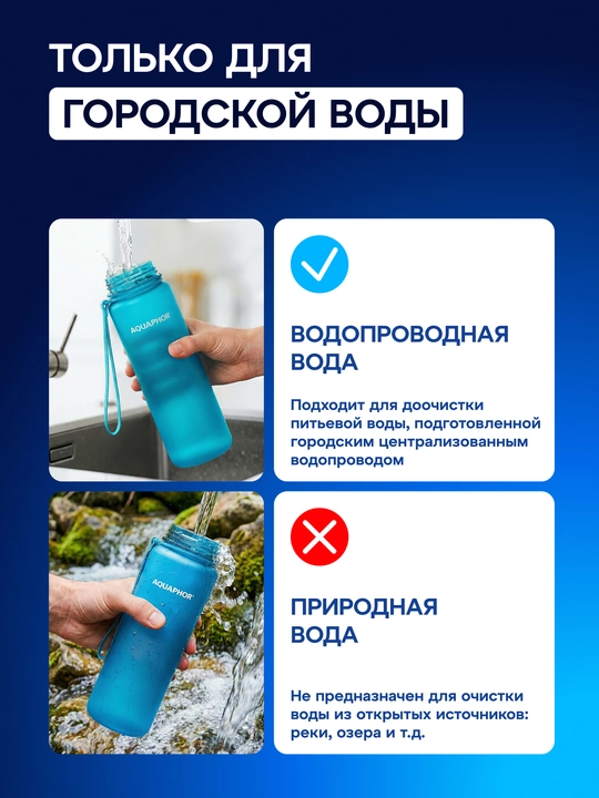 Almashtiriladigan kartidjga ega Aquaphor City filtr-butilkasi