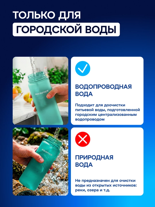 Almashtiriladigan kartidjga ega Aquaphor City filtr-butilkasi