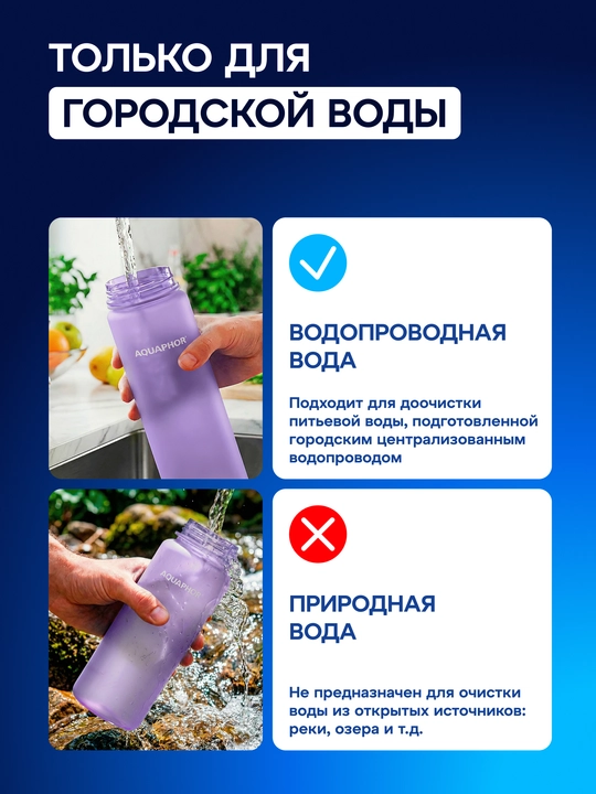 Almashtiriladigan kartidjga ega Aquaphor City filtr-butilkasi