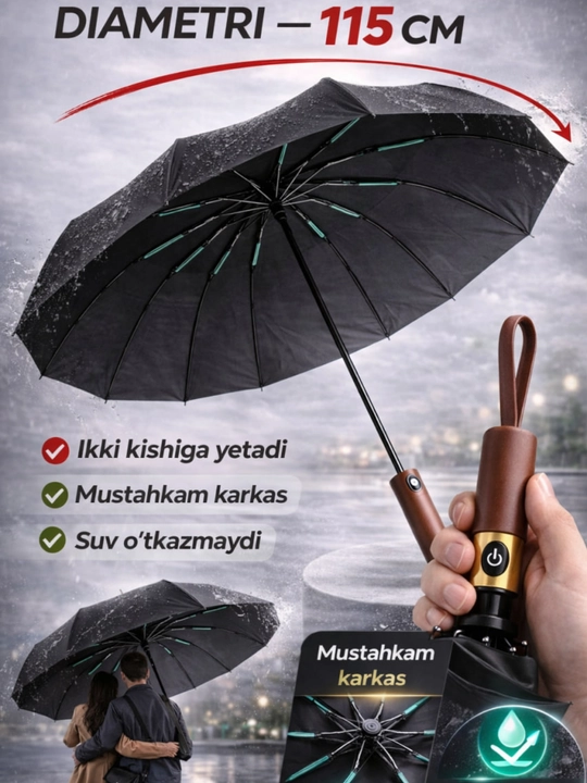Zontik avtomat, shamolga chidamli, ikki qavatli, 12 juft spitsali, qora, bordoviy - 