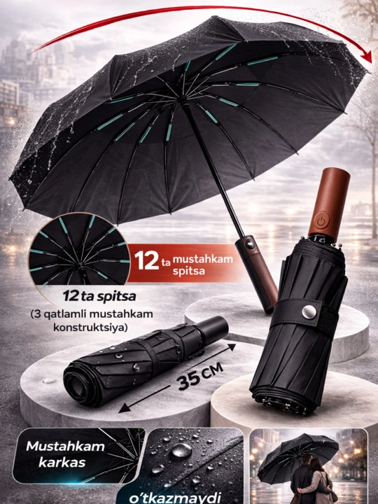 Zontik avtomat, shamolga chidamli, ikki qavatli, 12 juft spitsali, qora, bordoviy