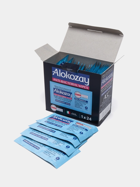 ALOKOZAY nam salfetkalar, yuz va qo‘l uchun, antibakterial va tozalovchi, 24, 25 dona