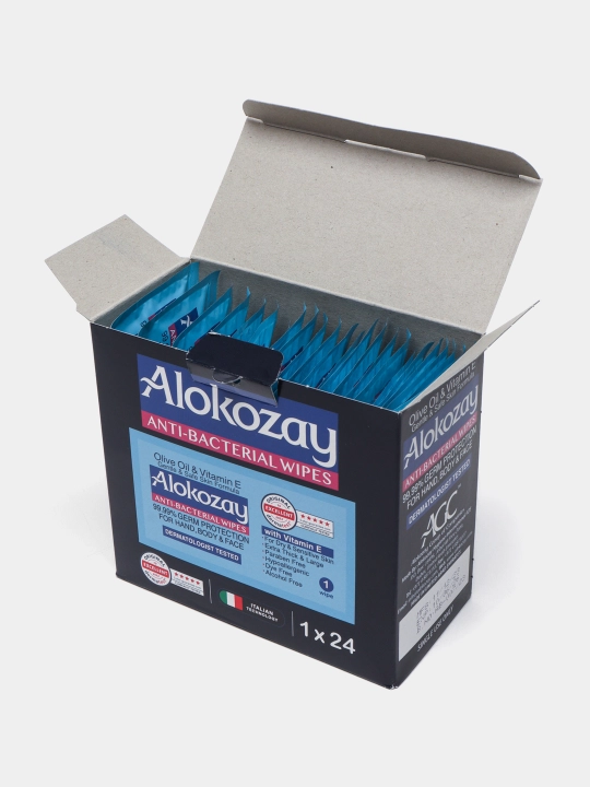 ALOKOZAY nam salfetkalar, yuz va qo‘l uchun, antibakterial va tozalovchi, 24, 25 dona