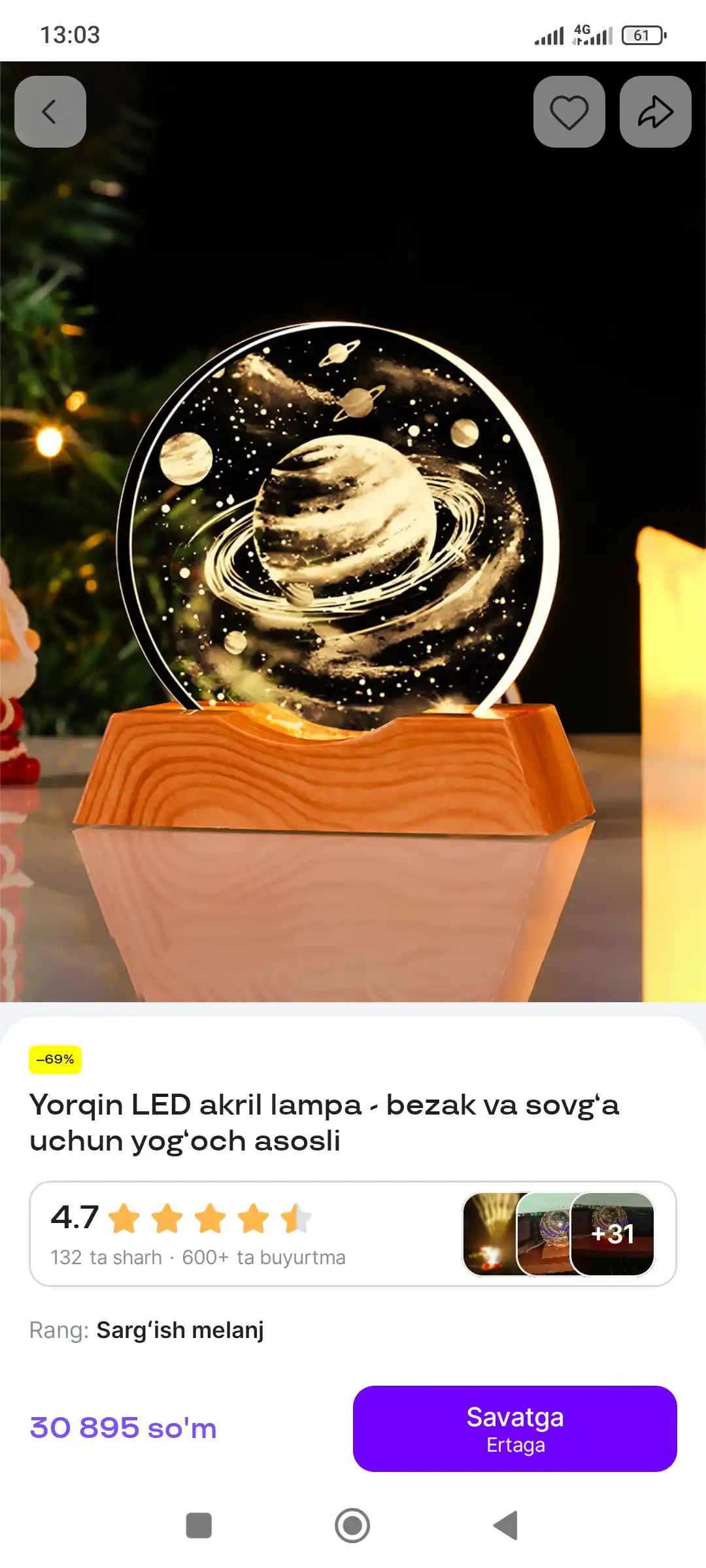 Yorqin LED akril lampa - bezak va sovg‘a uchun yog‘och asosli