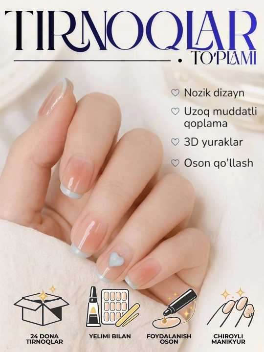 Frenj soxta tirnoqlar 24 dona manikyur uchun tipslar qayta ishlatiladigan pilkali nabor
