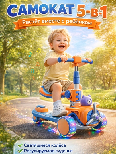 Детский музыкальный самокат с подсветкой,светящиеся колёса,3-колёсный, для детей от 2 лет — MU777-SAMOKAT7-ПУРПУР