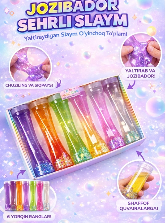 Bolalar uchun Magic Slime to‘plami 6 dona, rangli glitter slaym o‘yinchoq anti stress - 