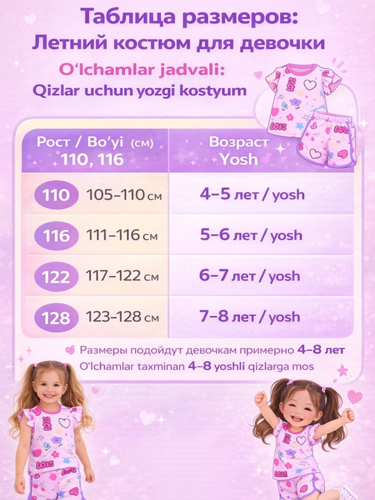 Костюм лето для девочки футболка + шорты хлопковый