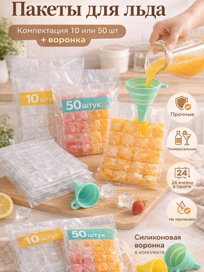 Пакеты для заморозки кубиков льда с силиконовой воронкой, 24 ячейки (10 или 50 шт)